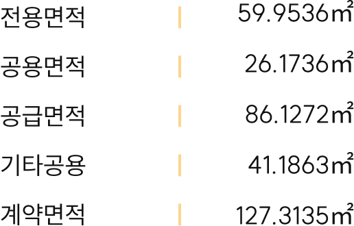 59㎡A 면적: 전용 59.9536㎡, 공용 26.1736㎡, 공급 86.1272㎡, 기타공용 41.1863㎡, 계약 127.3135㎡